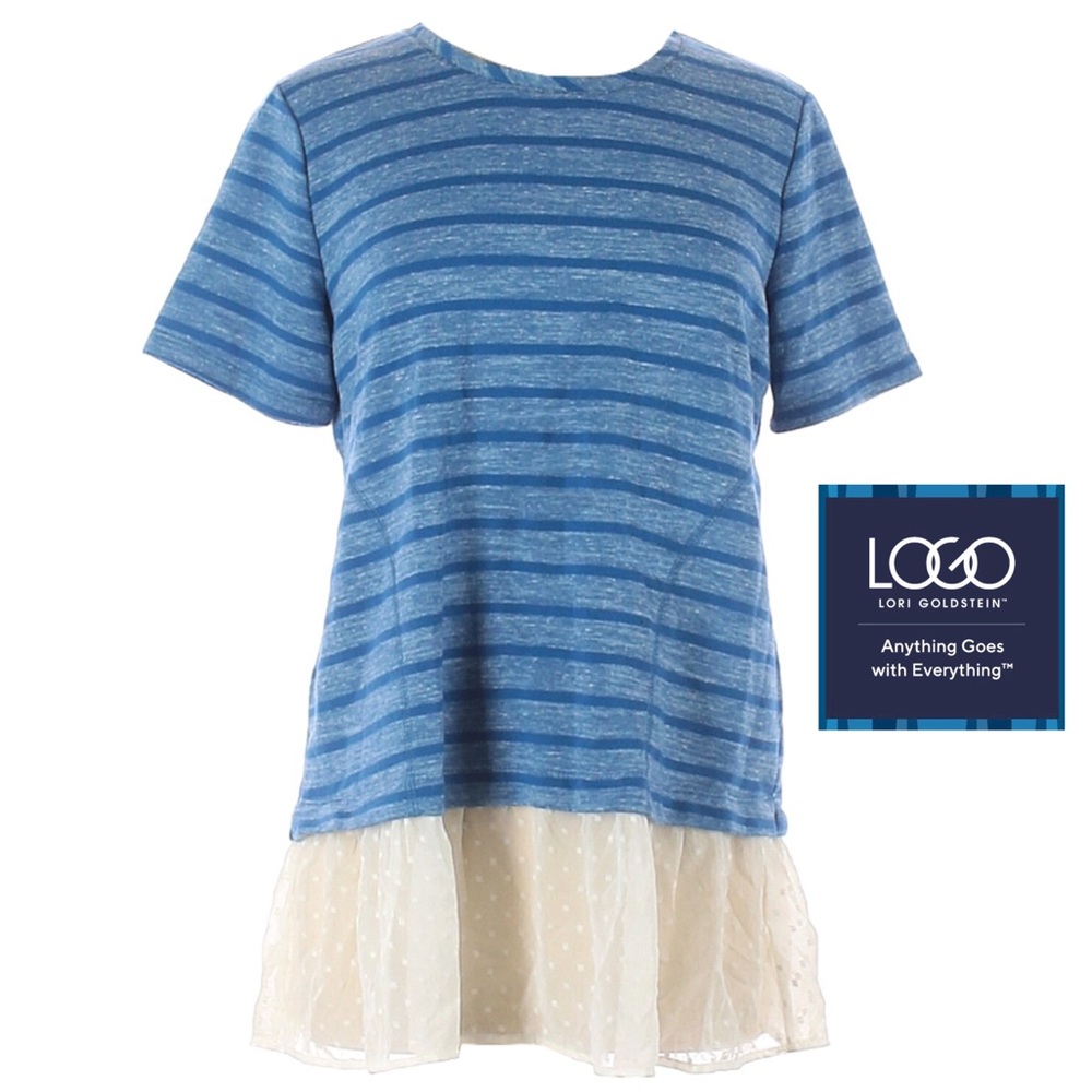 LOGO Lori Goldstein Blue Striped Tunic Top w/ Cream Swiss Dot Ruffle Hem, XS EUC